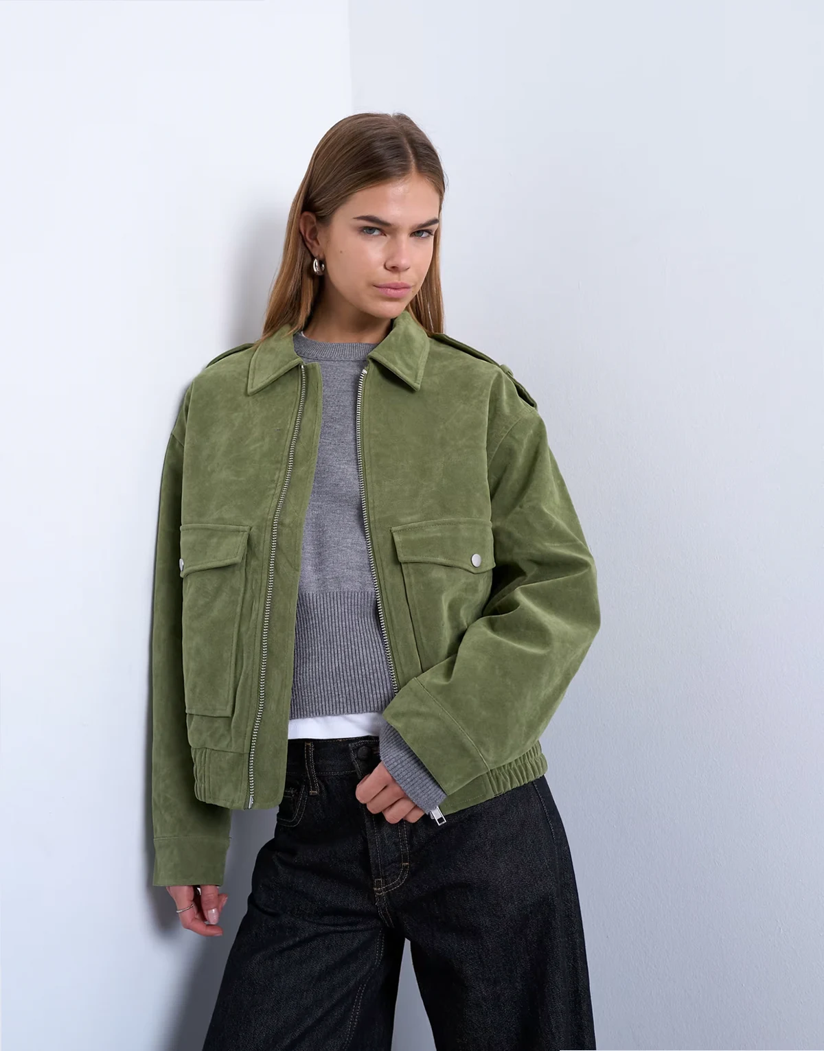 faux suede quilted lined bomber jacket with snap details in sage green