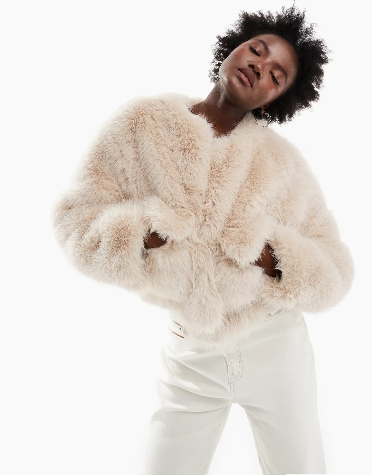 cropped faux fur pocket detail jacket in beige