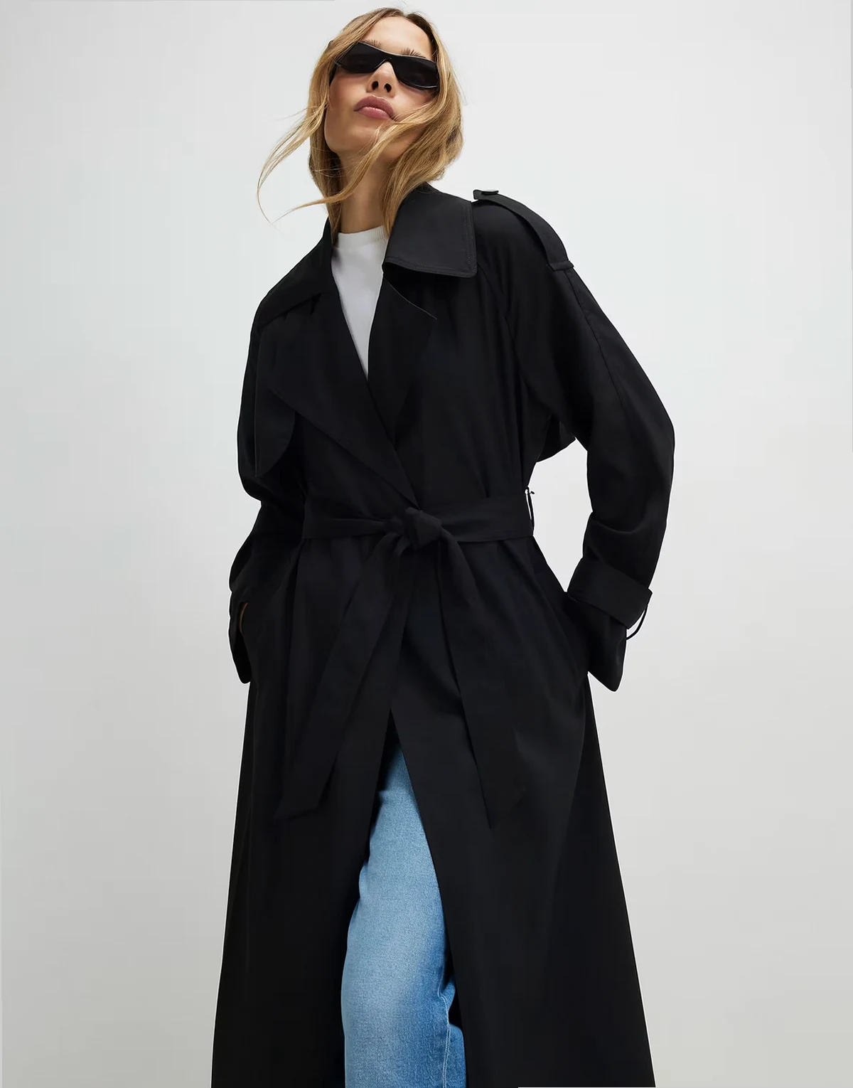 longline trench coat in black