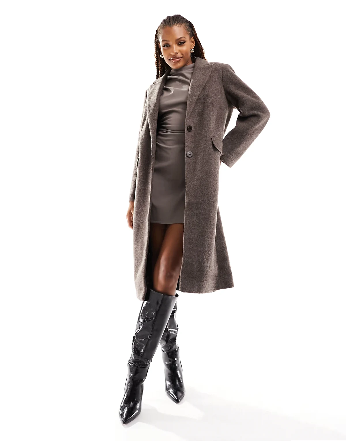 single breasted longline formal coat in brown melange