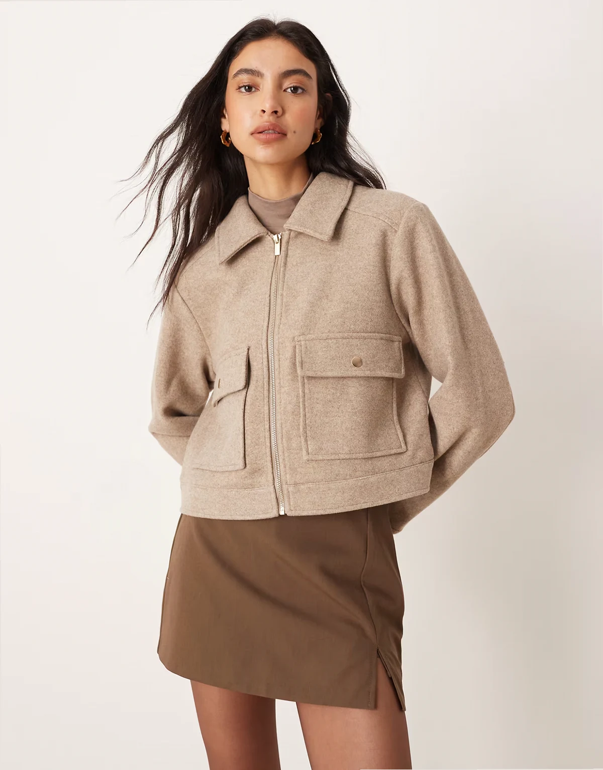 short faux wool jacket with exaggerated pockets in light brown