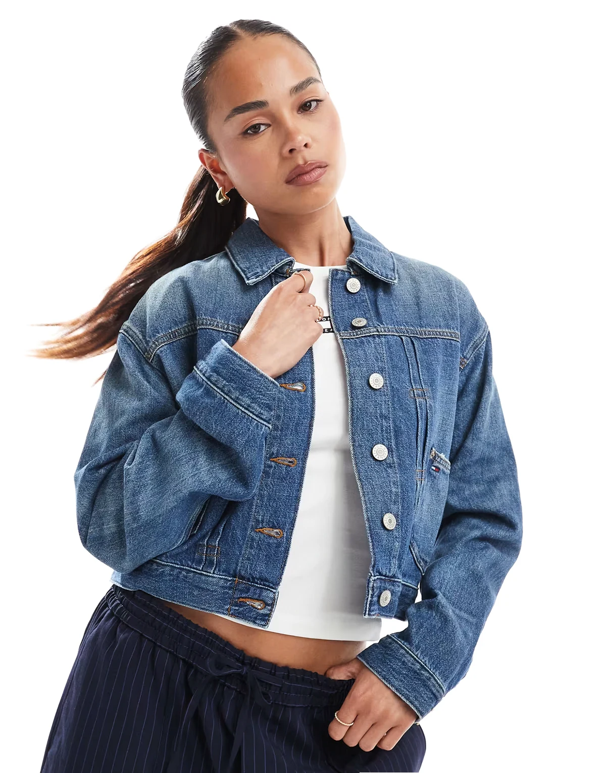pleated trucker denim jacket with embroidered detail in mid blue