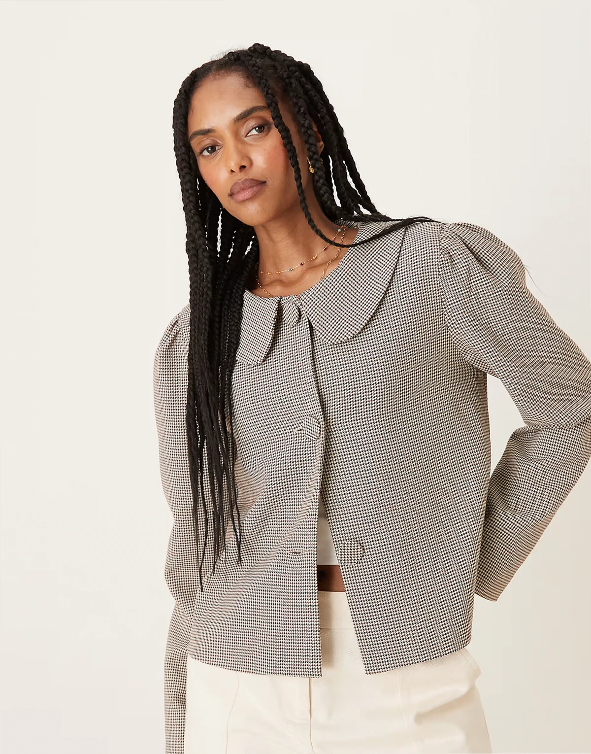 – Cropped Mantel im Caban-Stil mit braunem Hahnentrittmuster und lockerem, weitem Schnitt