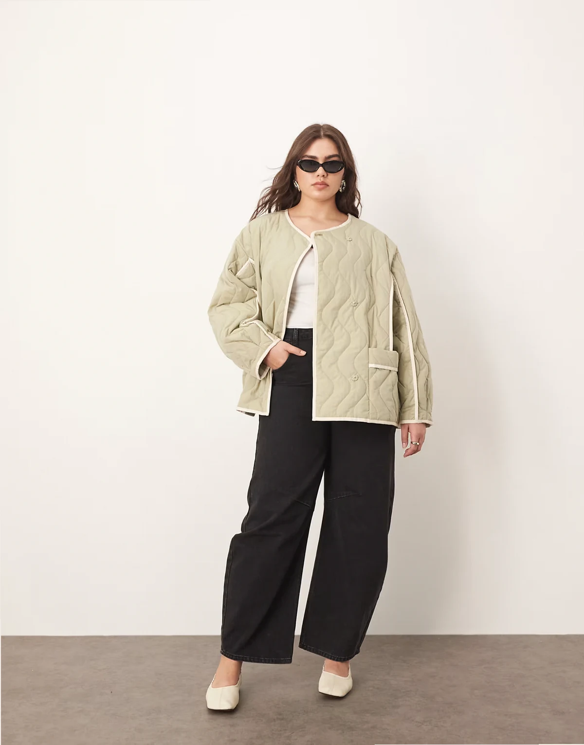 Curve quilted oversized jacket with contrast trim in sage
