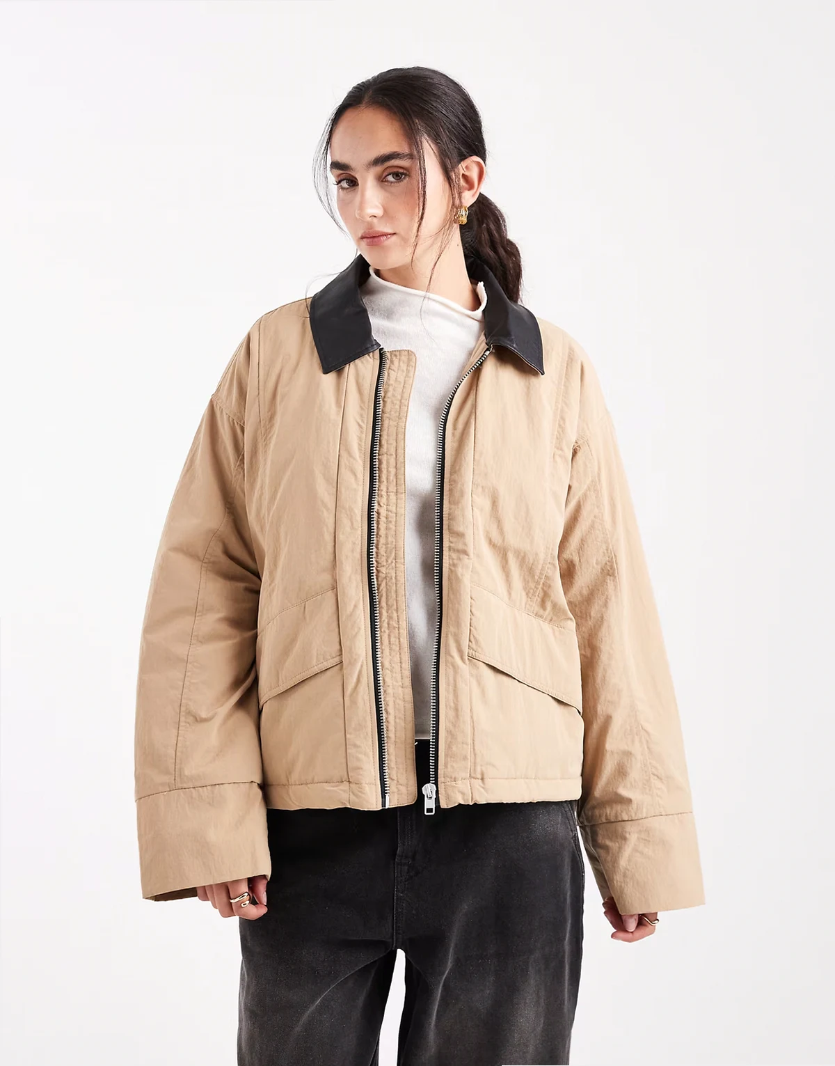 water repellent lightly padded barn jacket with faux leather collar in beige