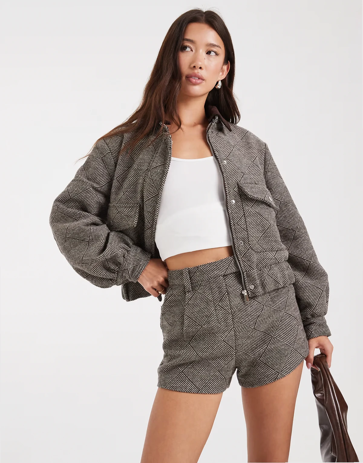 wool feel pocket detail contrast collar balloon sleeve bomber jacket in brown herringbone check - part of a set