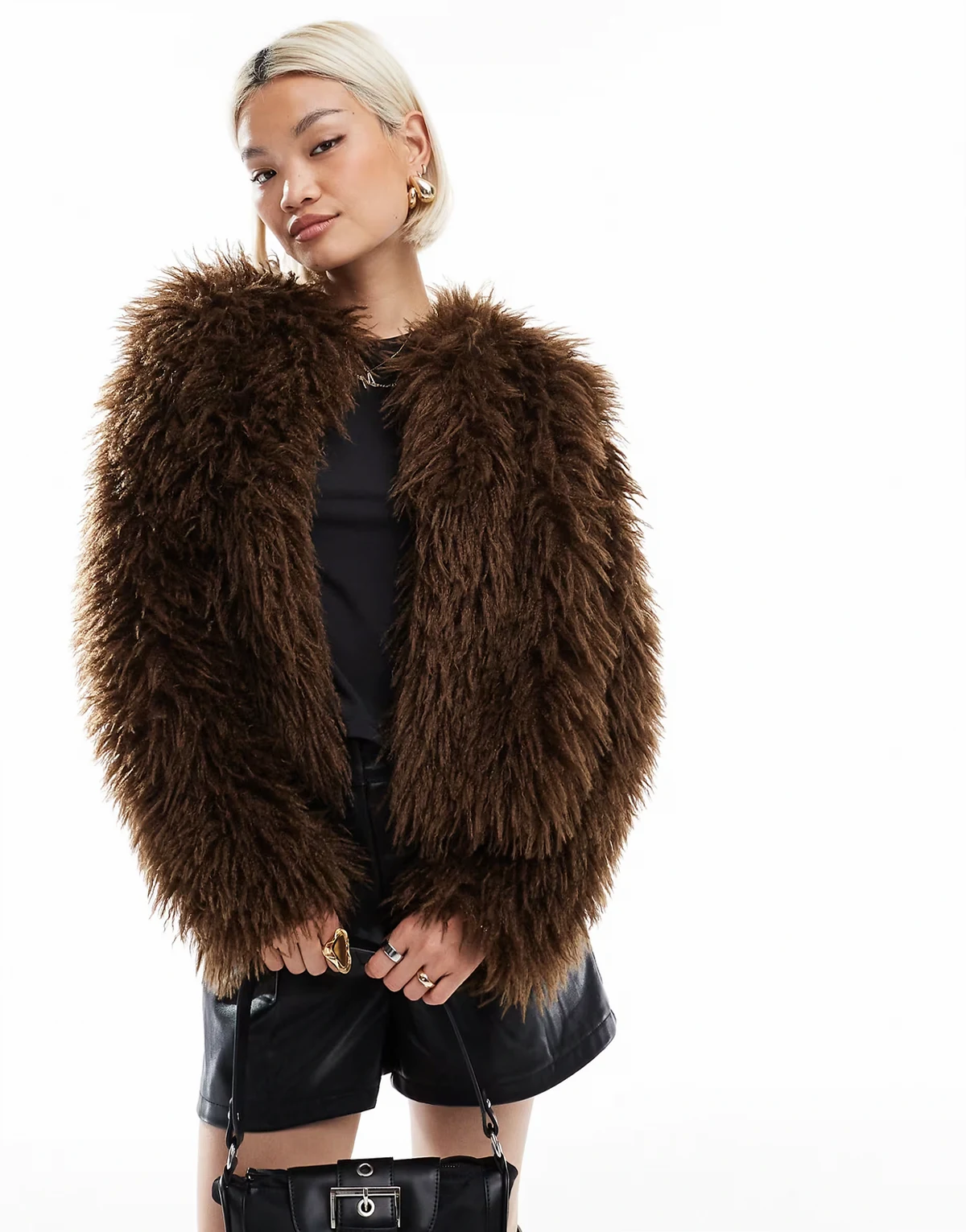 faux shearling fur jacket in chocolate brown