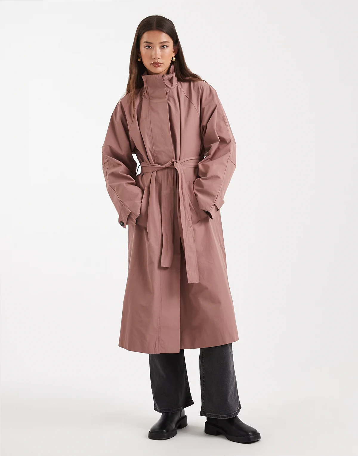 clean high neck tie waist trench coat in lilas pink