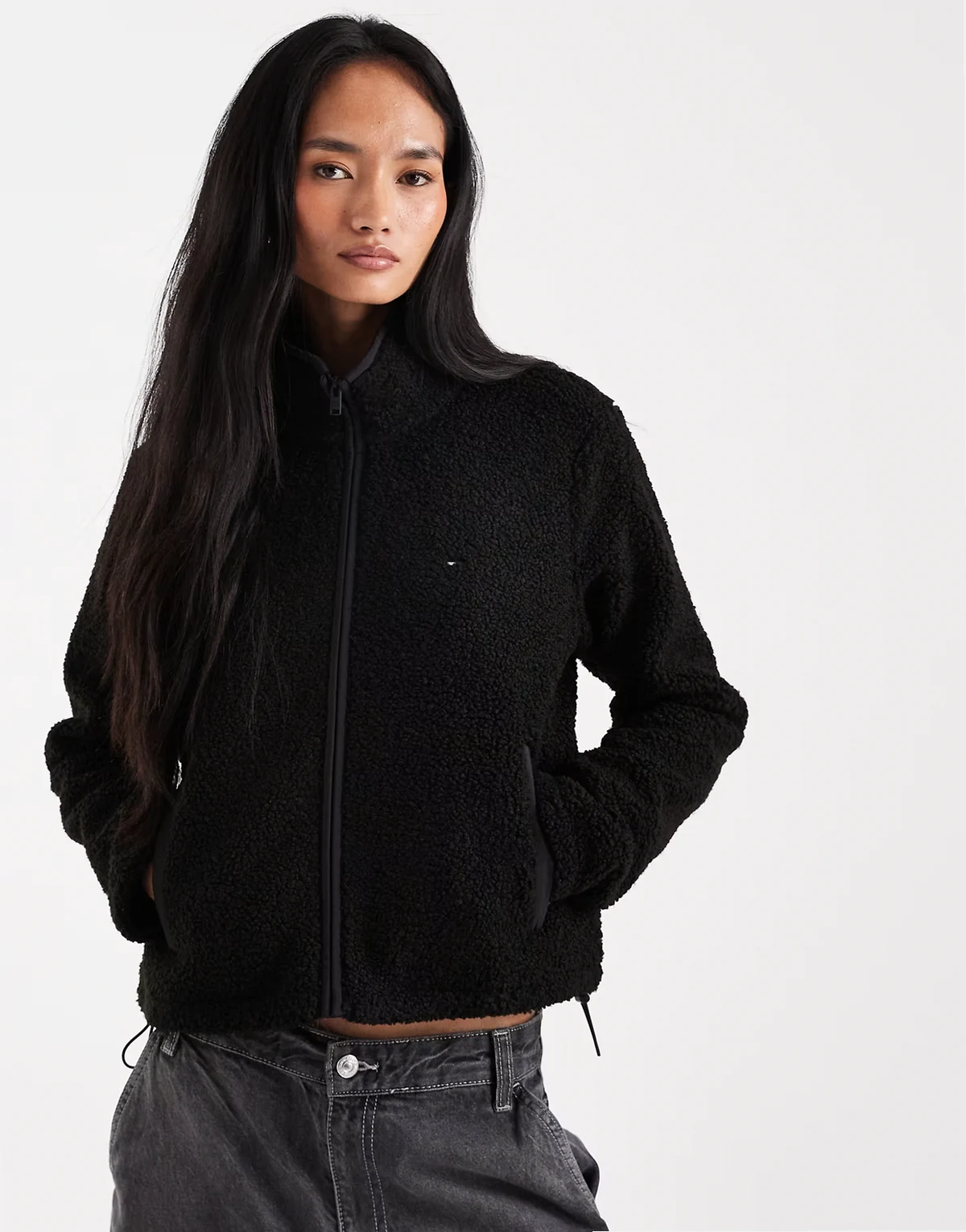 flag logo teddy zip up coat in black