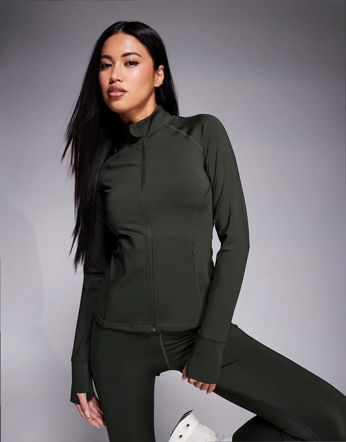 Icon sculpting zip up long sleeve jacket in dark khaki