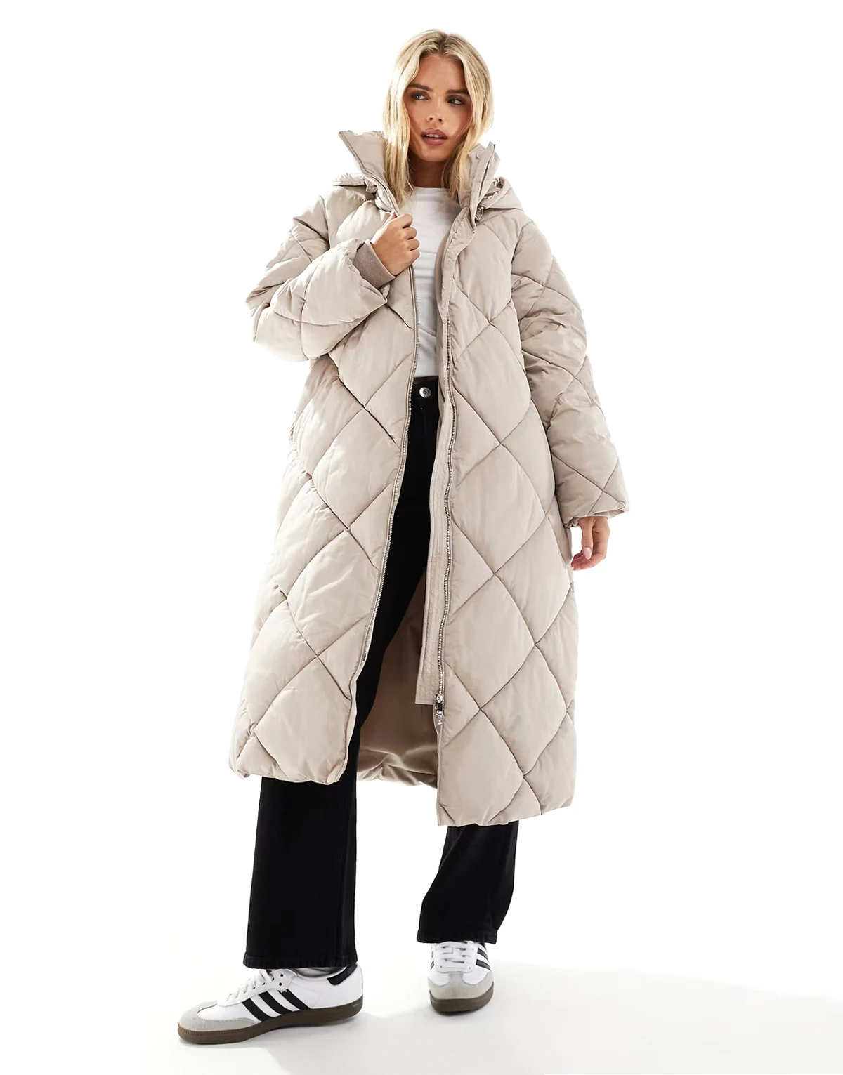 quilted hooded maxi puffer coat in mocha