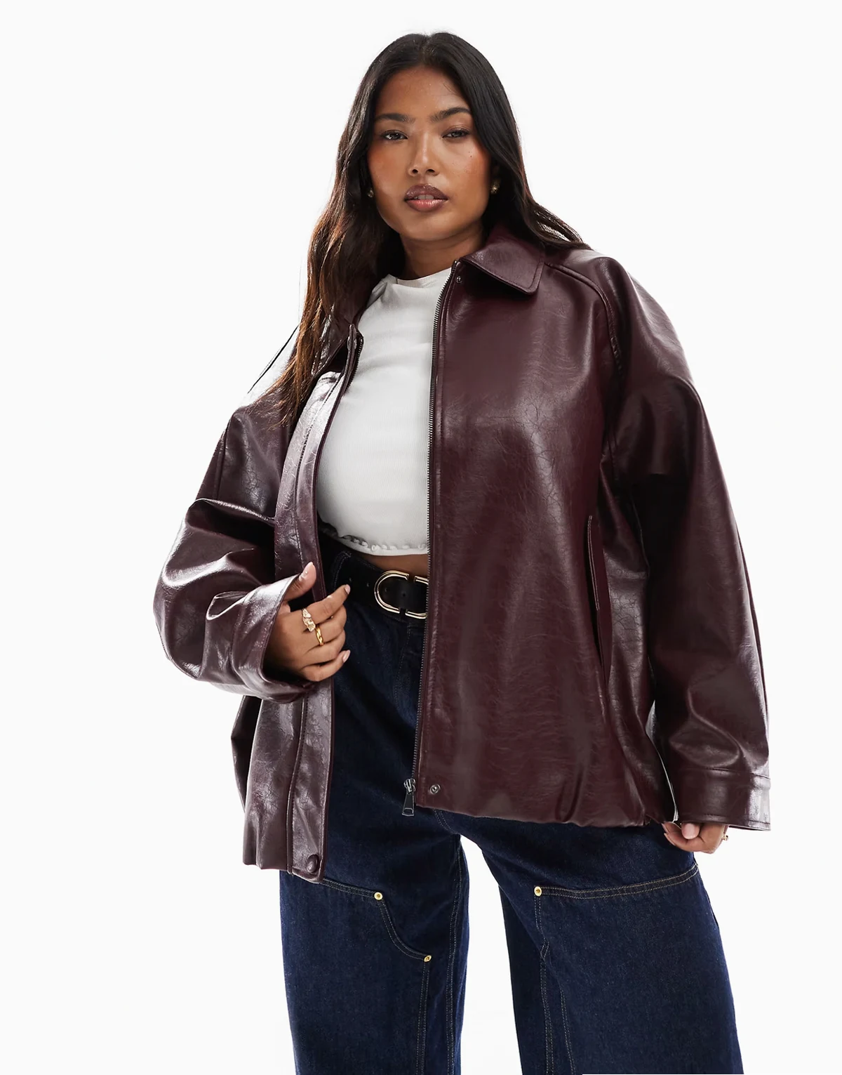 ASOS DESIGN Curve – Bordowa kurtka bomberka oversize z imitacji skóry