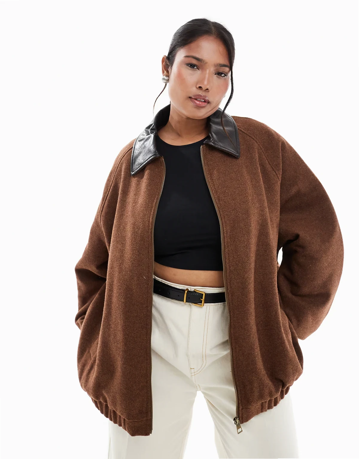ASOS DESIGN Curve – Czekoladowa kurtka bomberka z mieszanki wełny z kołnierzem z imitacji skóry