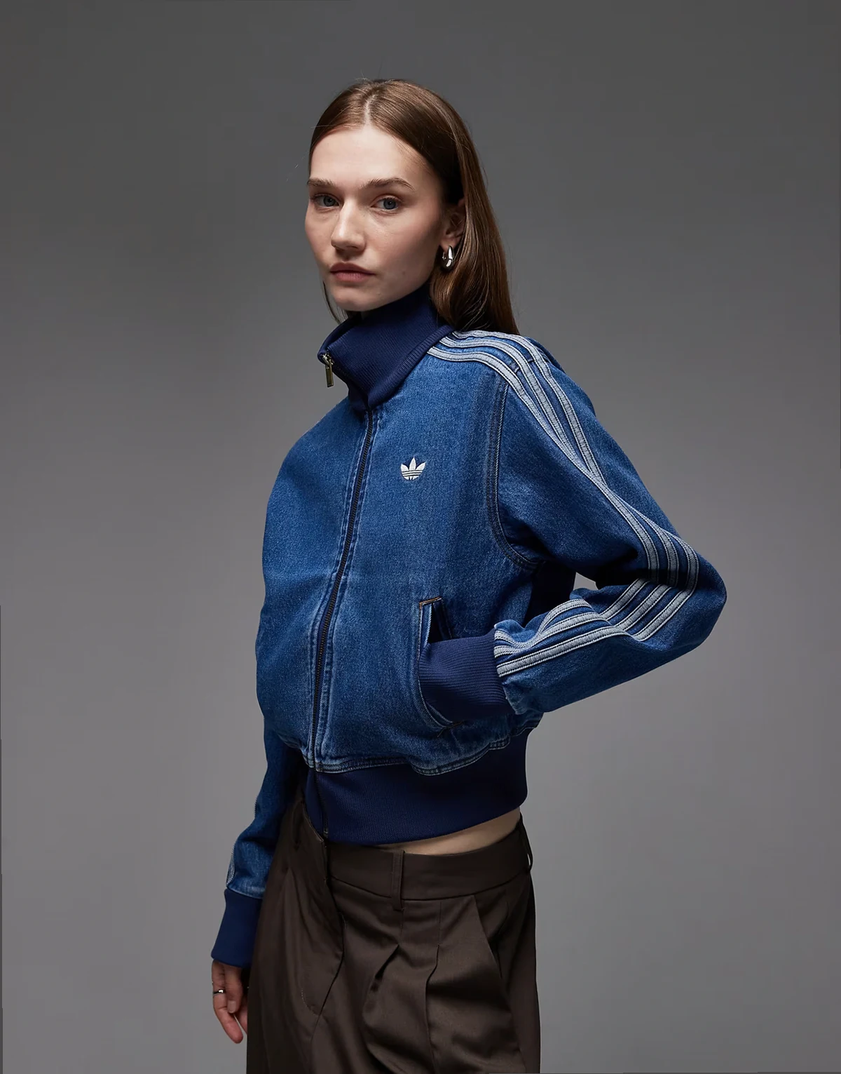 Firebird cropped denim track top in blue