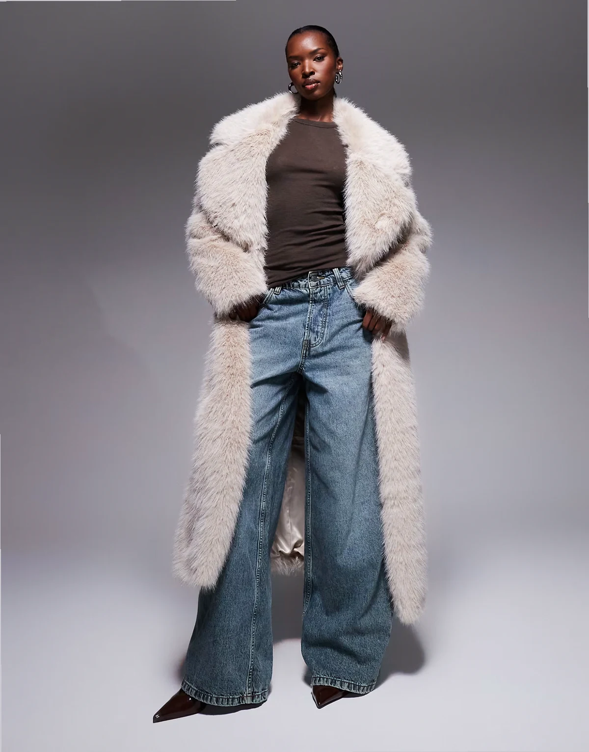 exclusive faux fur maxi oversized collar maxi coat in beige