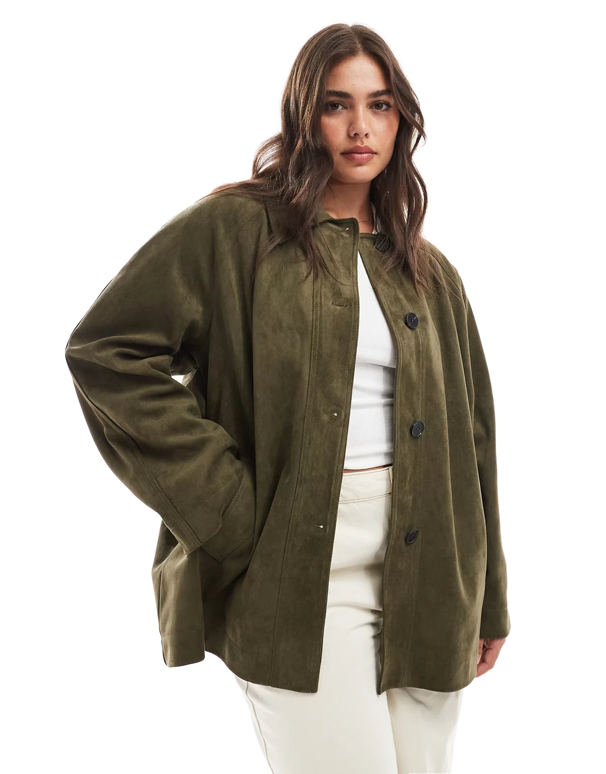 ASOS DESIGN Curve – Oliwkowy płaszcz z imitacji zamszu