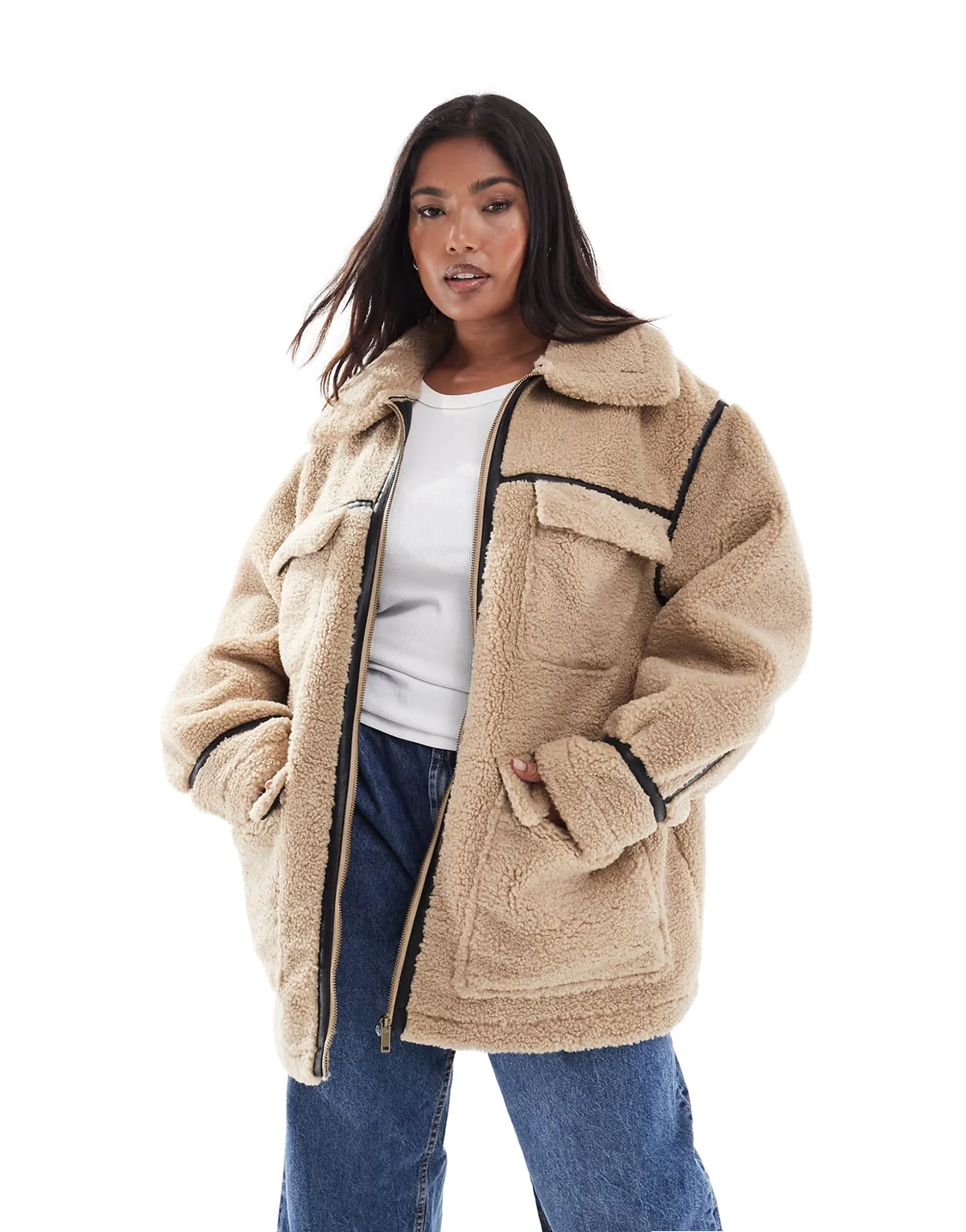 ASOS DESIGN Curve – Kamiennobeżowa kurtka średniej długości z kożuszka