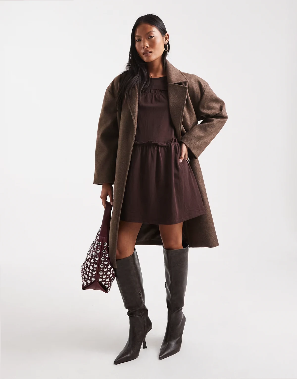 Petite faux wool longline belted overcoat in brown