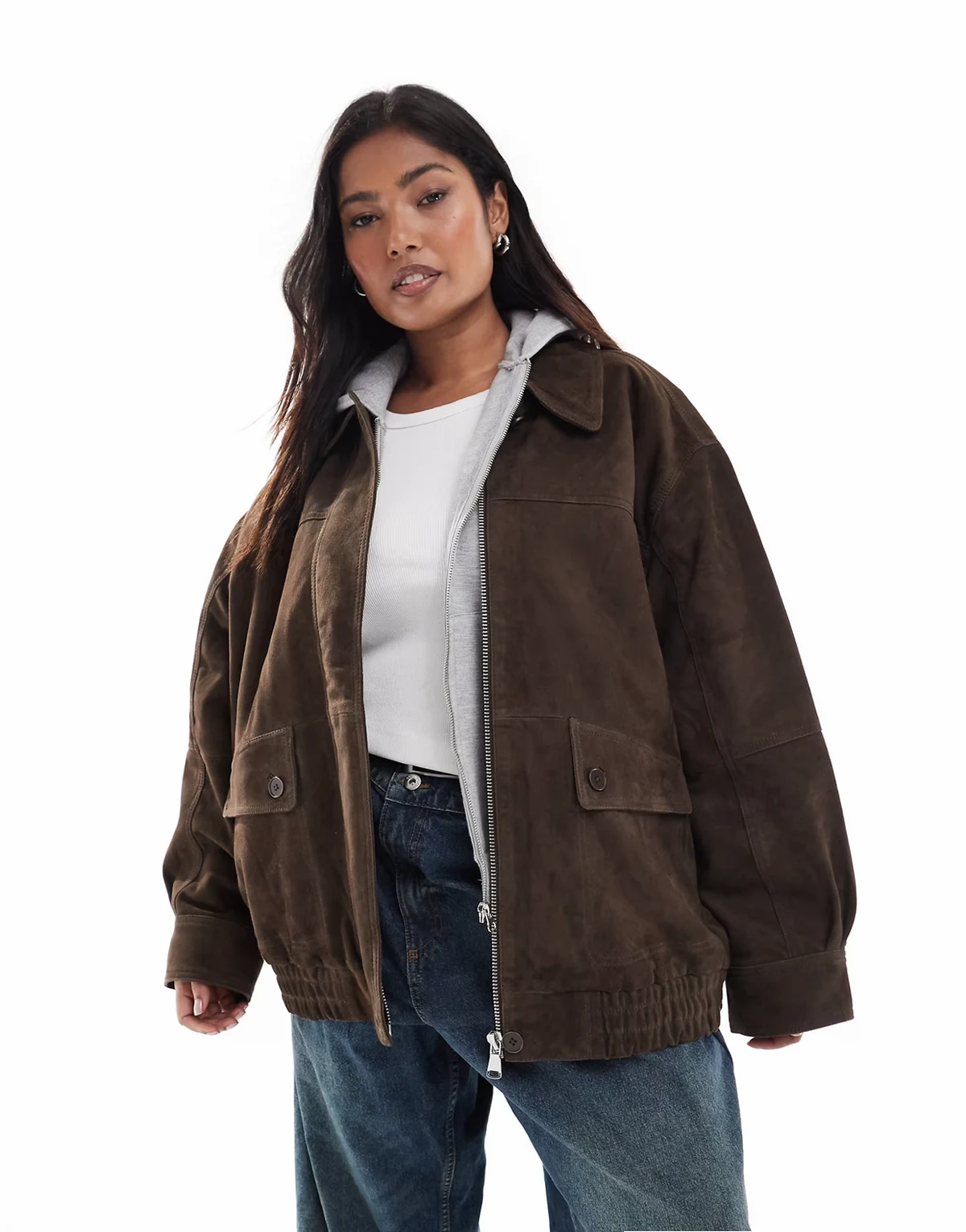 ASOS DESIGN Curve – Kurtka bomberka oversize z naturalnego zamszu w ciemnym odcieniu mokki
