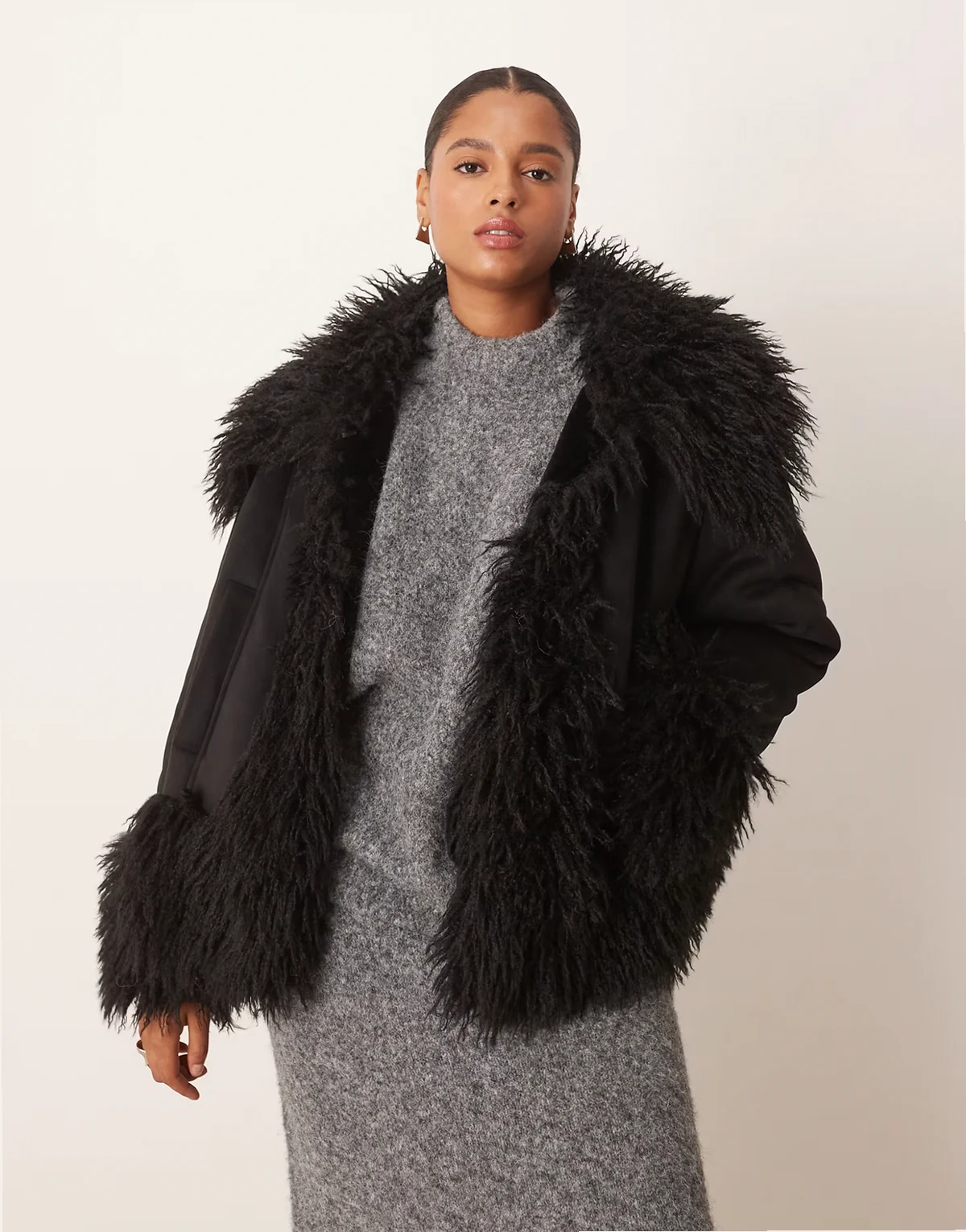 ASOS DESIGN Curve – Penny Lane – Czarny płaszcz z futrzanym wykończeniem