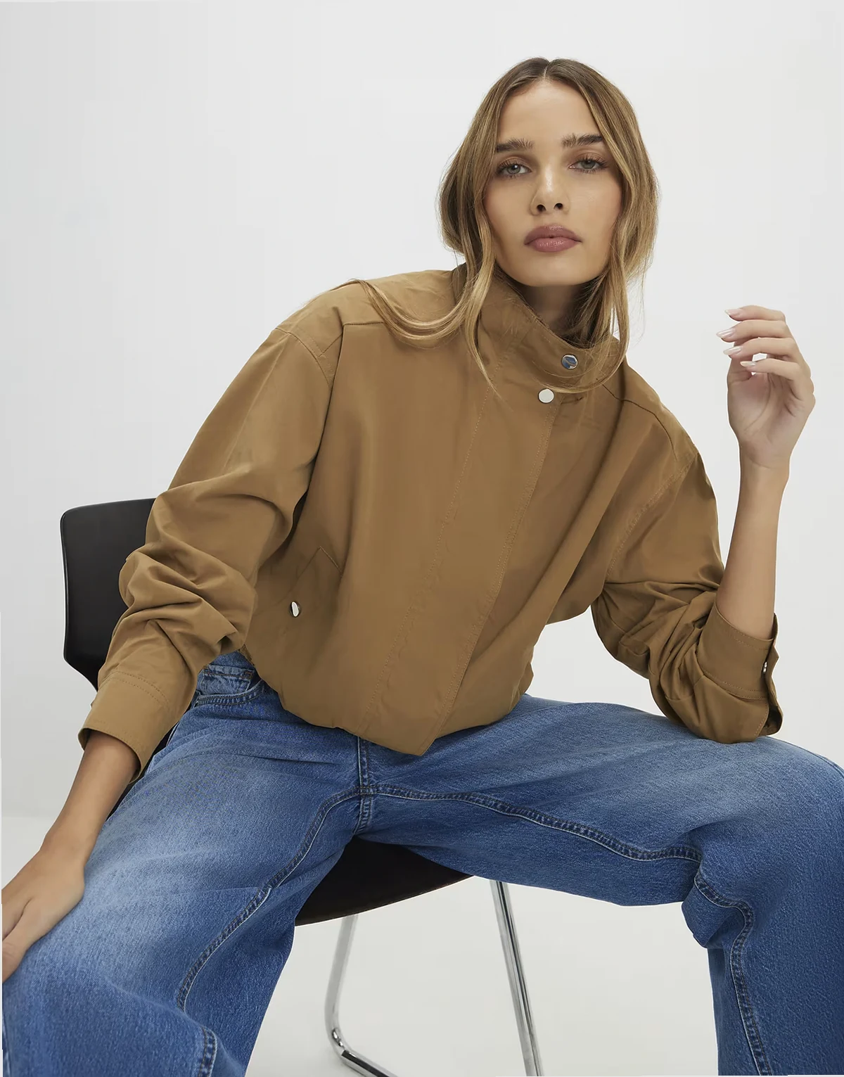 funnel neck casual bomber jacket in tan