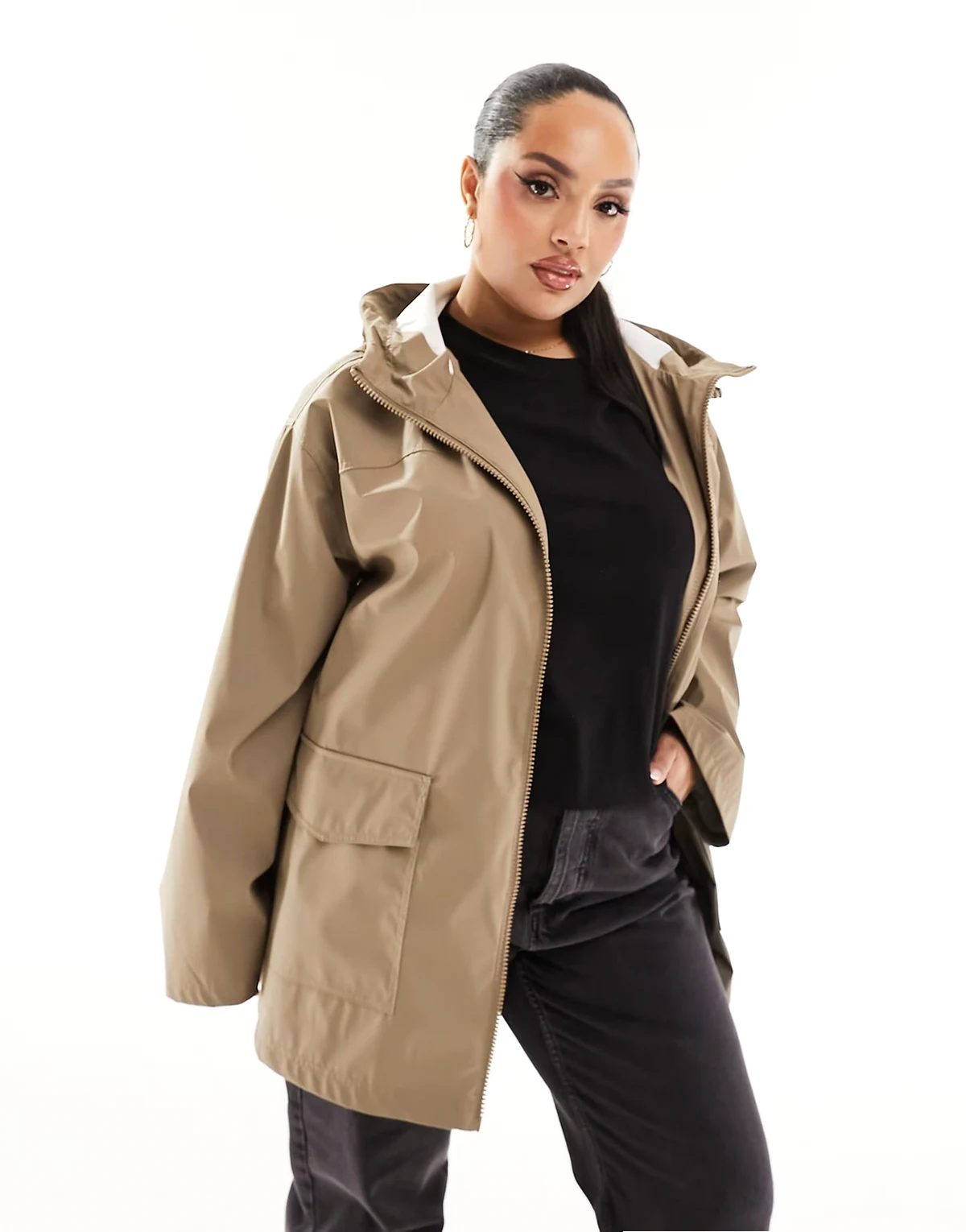 ASOS DESIGN Curve – Brązowy gumowany płaszcz przeciwdeszczowy
