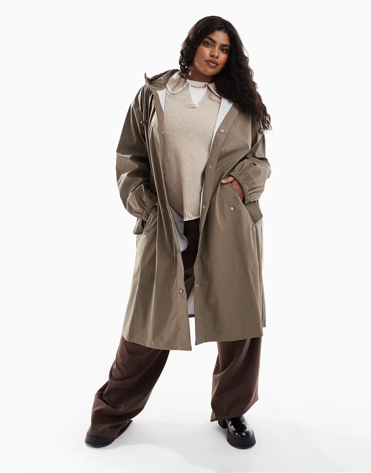 ASOS DESIGN Curve – Brązowoszary gumowany płaszcz przeciwdeszczowy typu parka