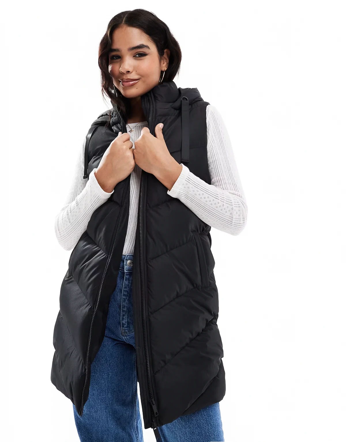 longline padded vest with hood in black