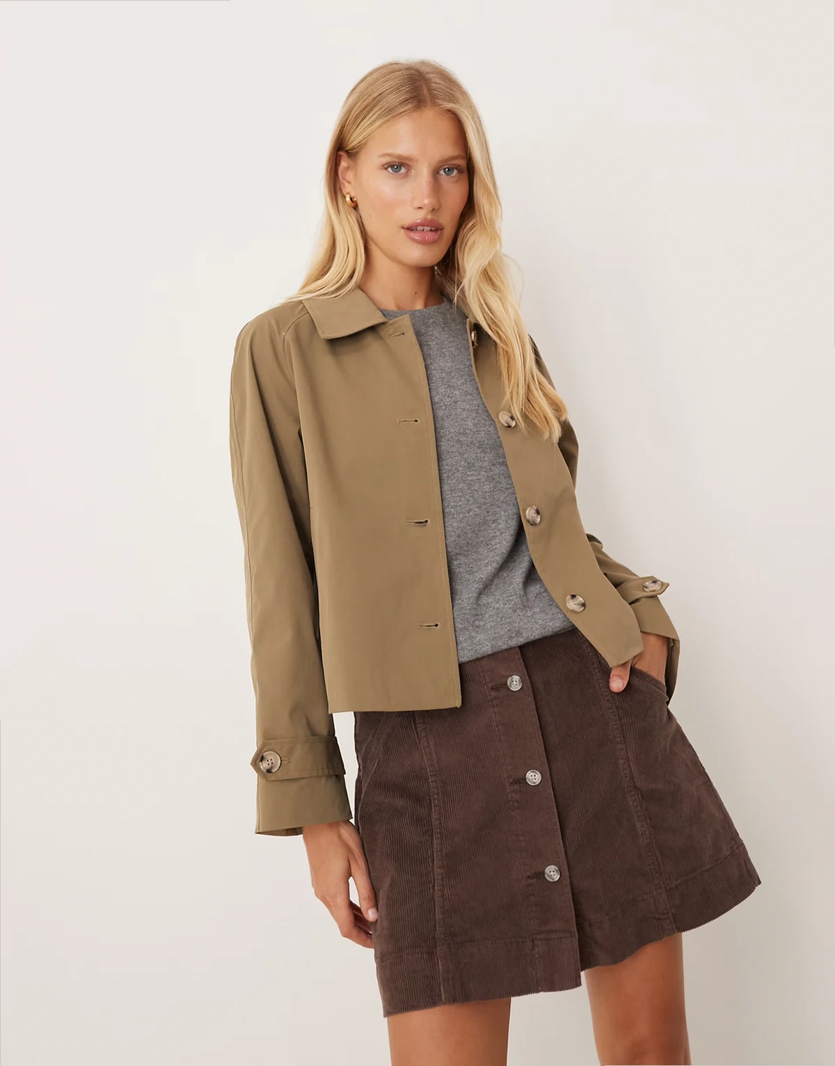 cropped trench coat in deep olive green