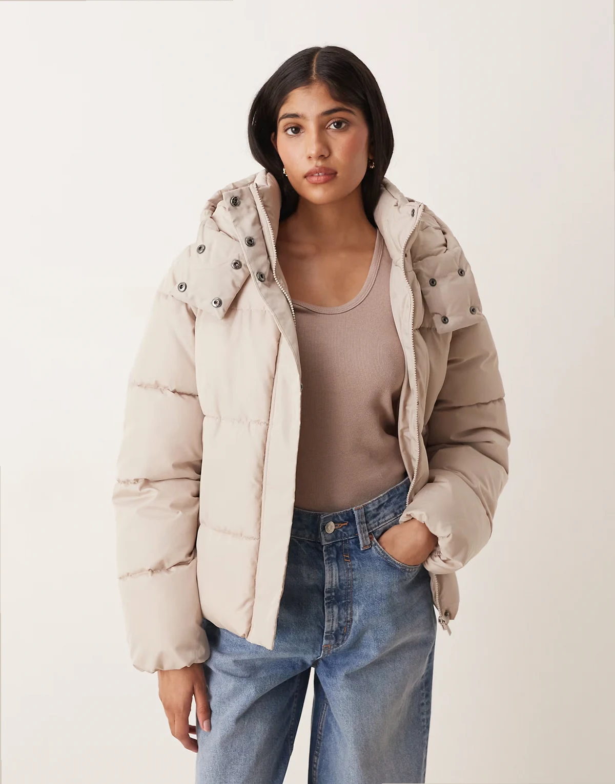 hooded short padded jacket in stone