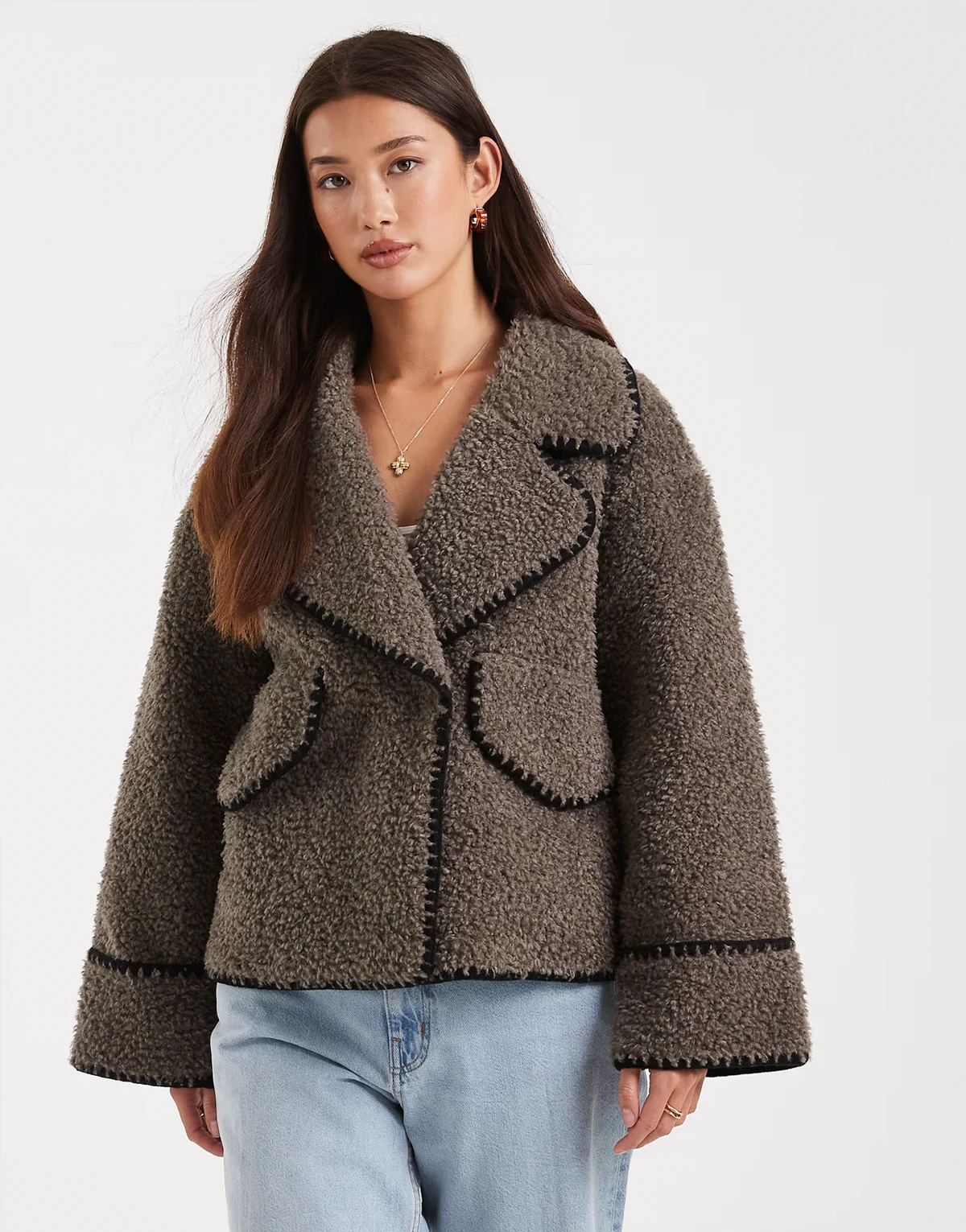 borg teddy aviator jacket with contrast stitch in brown