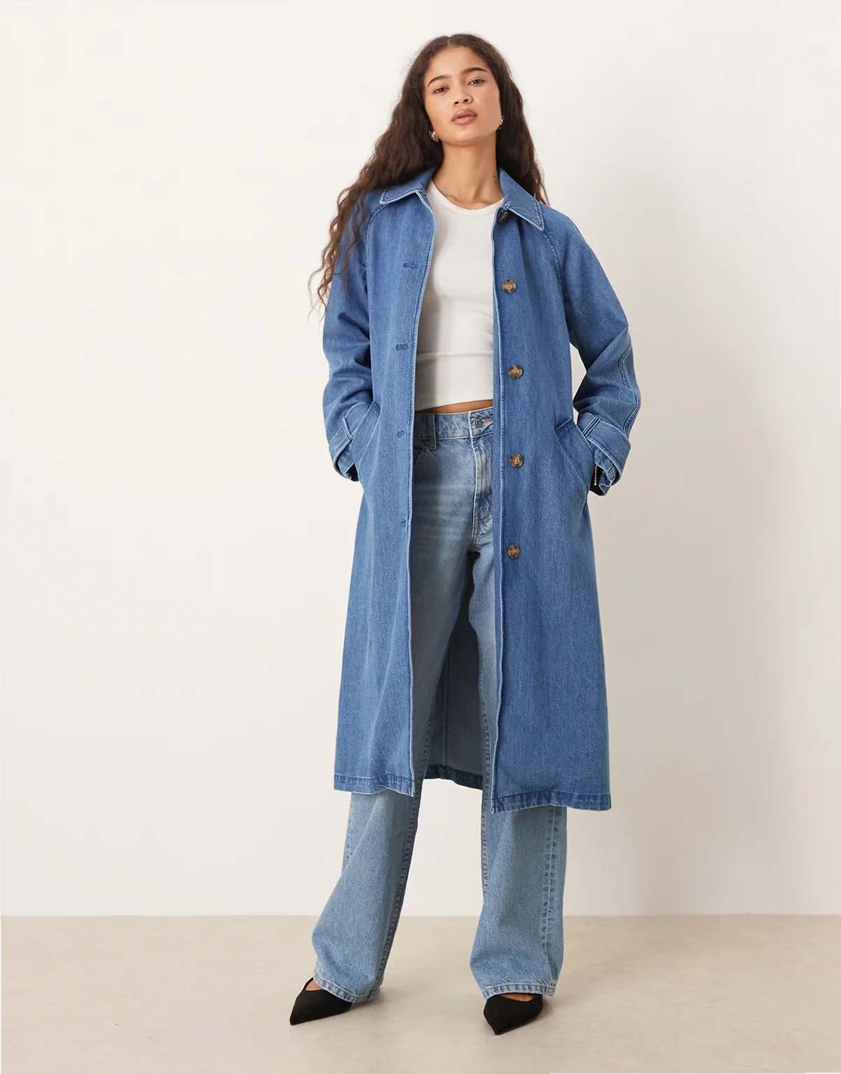 longline denim collar trench coat in mid wash
