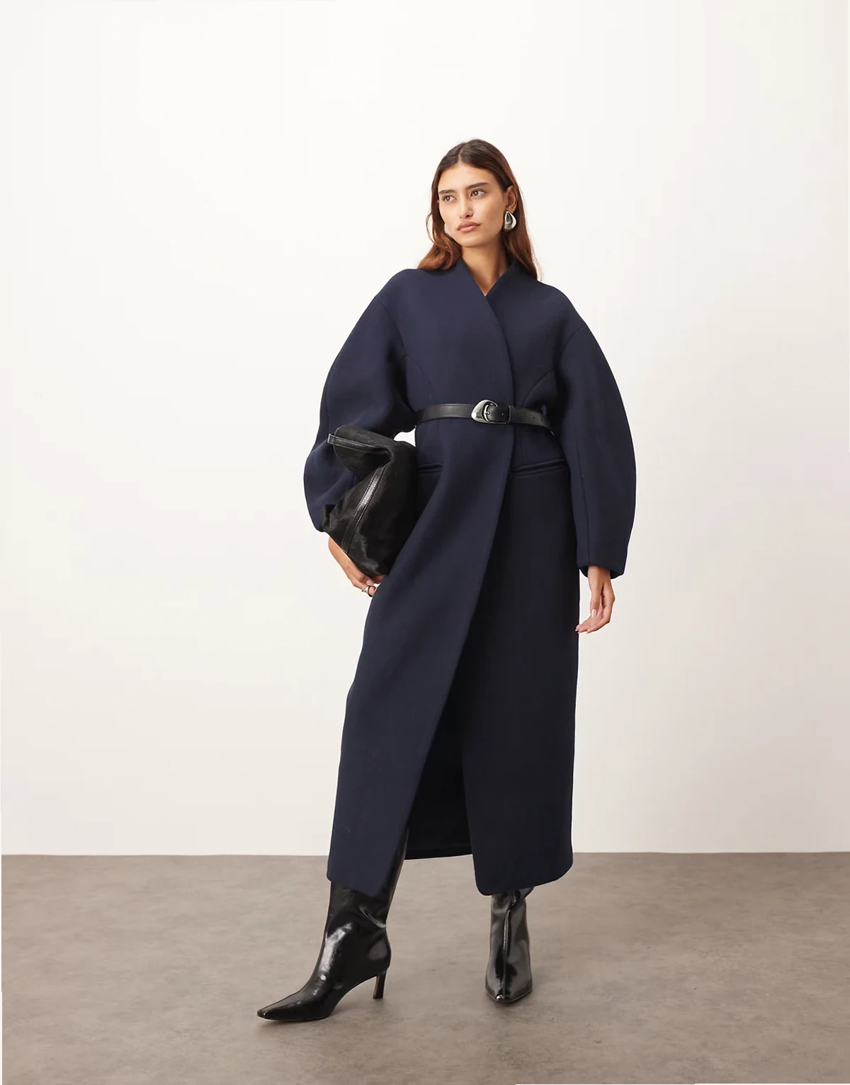 wool mix cinched waist ovoid sleeves coat in navy