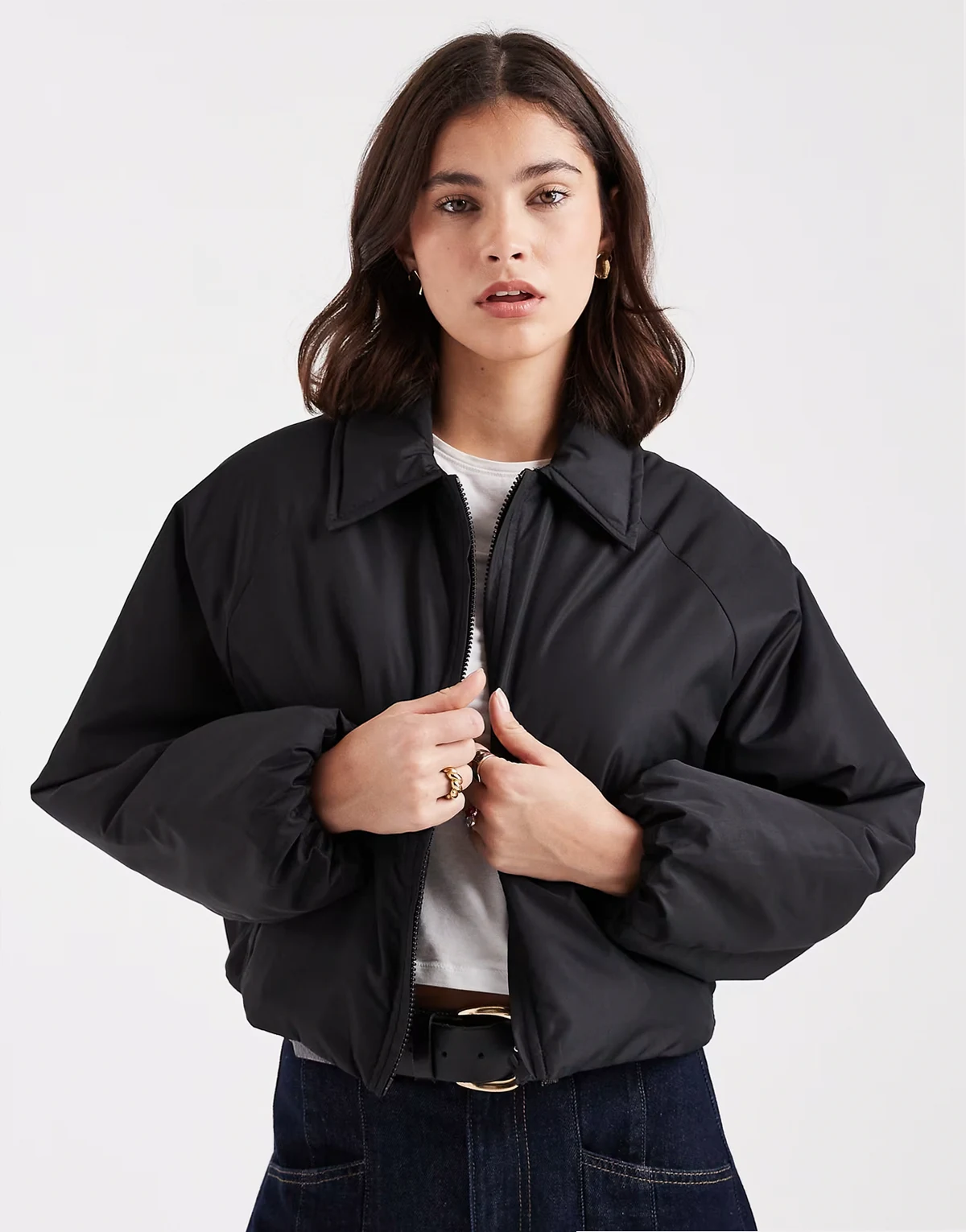 short padded bomber jacket with collar in black