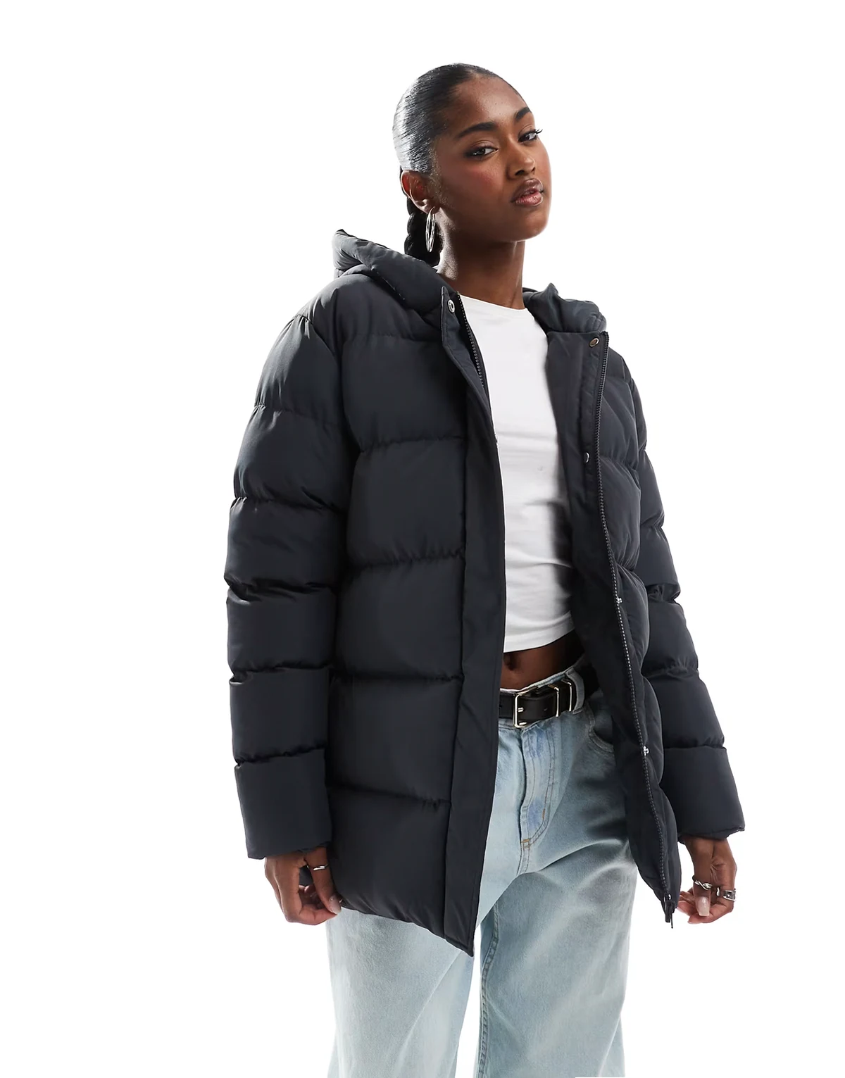 mid length puffer jacket in charcoal