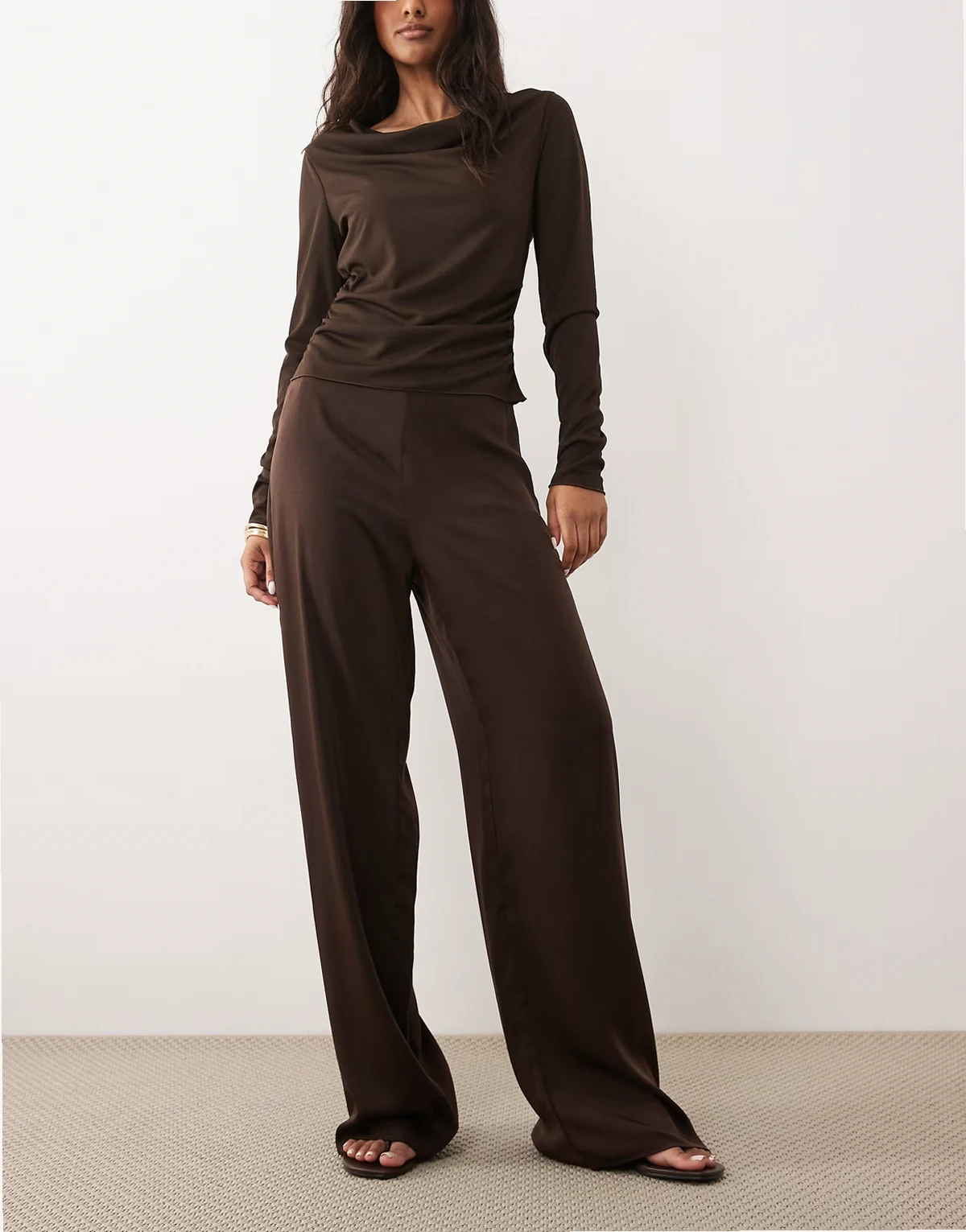 Devin mid rise satin pants in dark chocolate