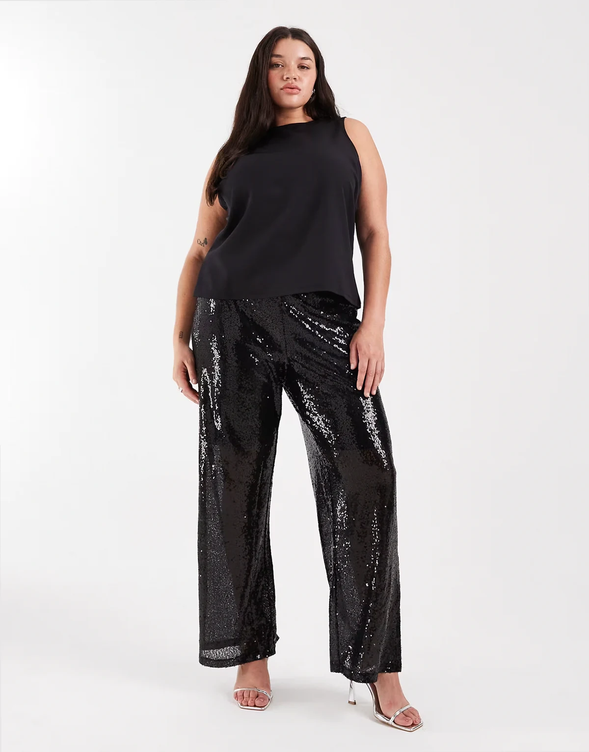 – Hose zum Überziehen in Schwarz mit hohem Bund und Pailletten