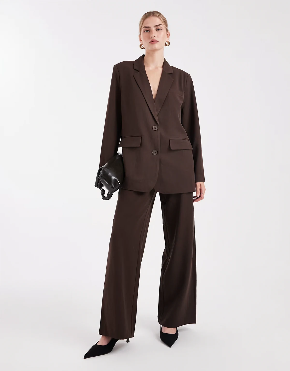 wide leg dad pants with belt loops in chocolate brown - part of a set
