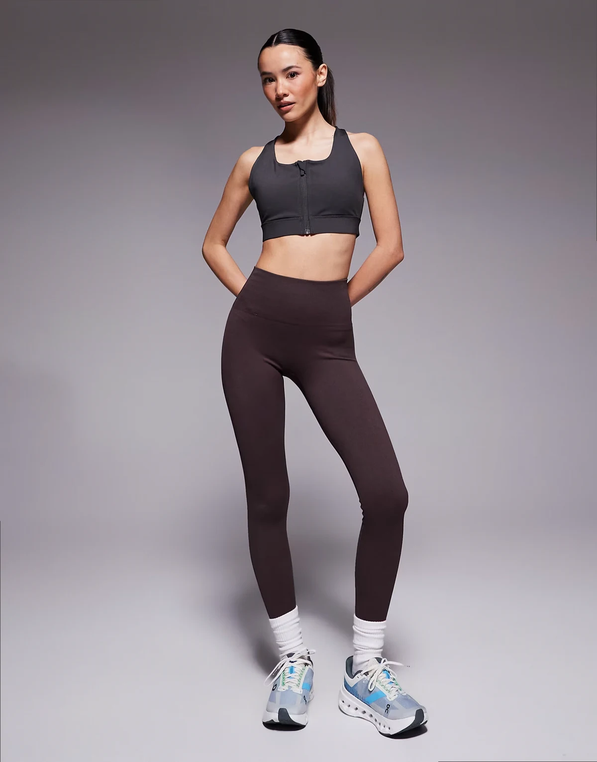 Petite seamless baby rib high waist gym leggings in raisin