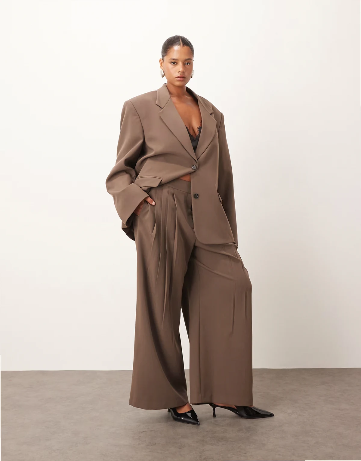 Curve pleated wide leg pants in chocolate - part of a set