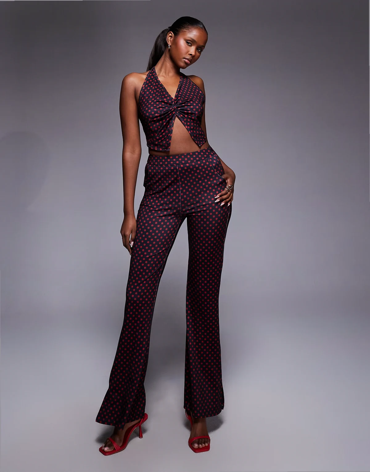 dazed mid rise flare pants in red polka dots - part of a set