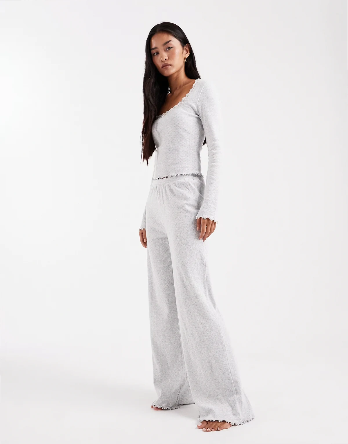 pointelle wide leg pants in light gray