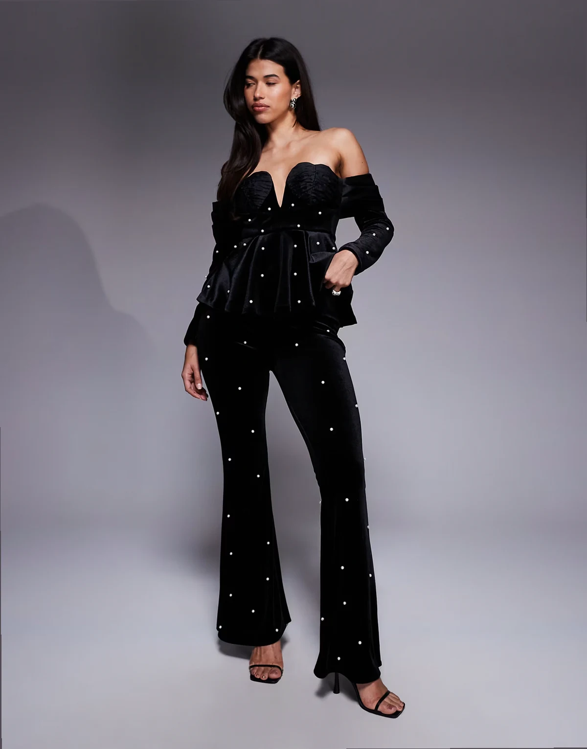 velvet pants with pearl embellishment in black - part of a set