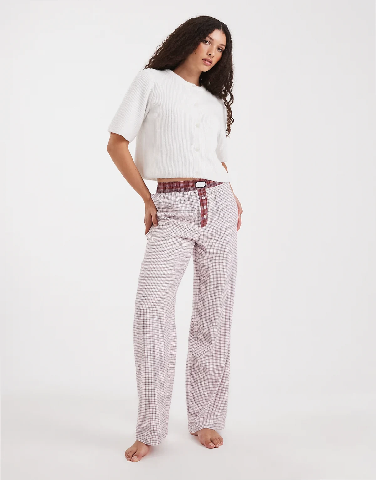 – Flanellhose in Burnt Apple mit weitem Bein und sehr kleinem Karomuster