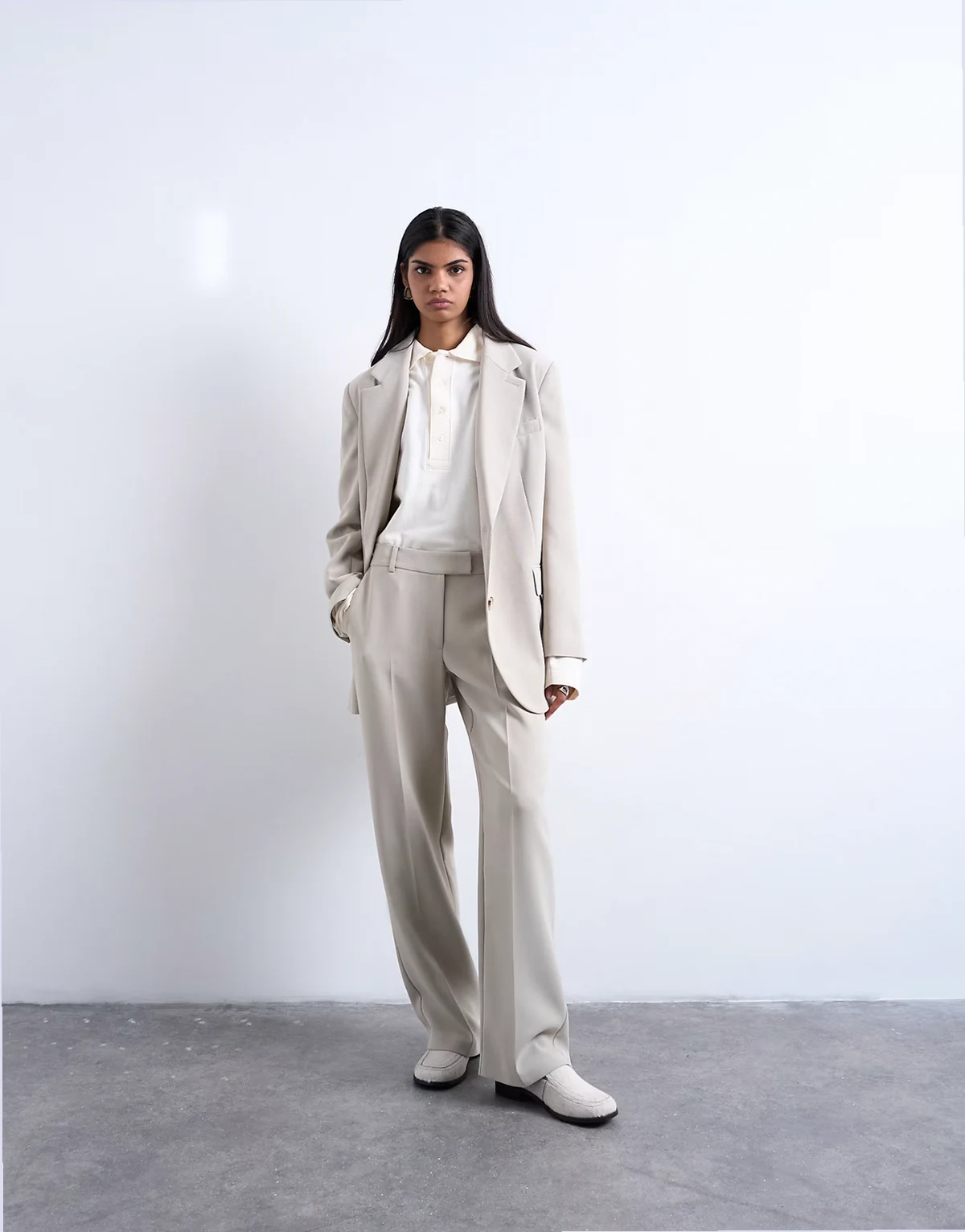 mid rise clean straight pants in stone - part of a set