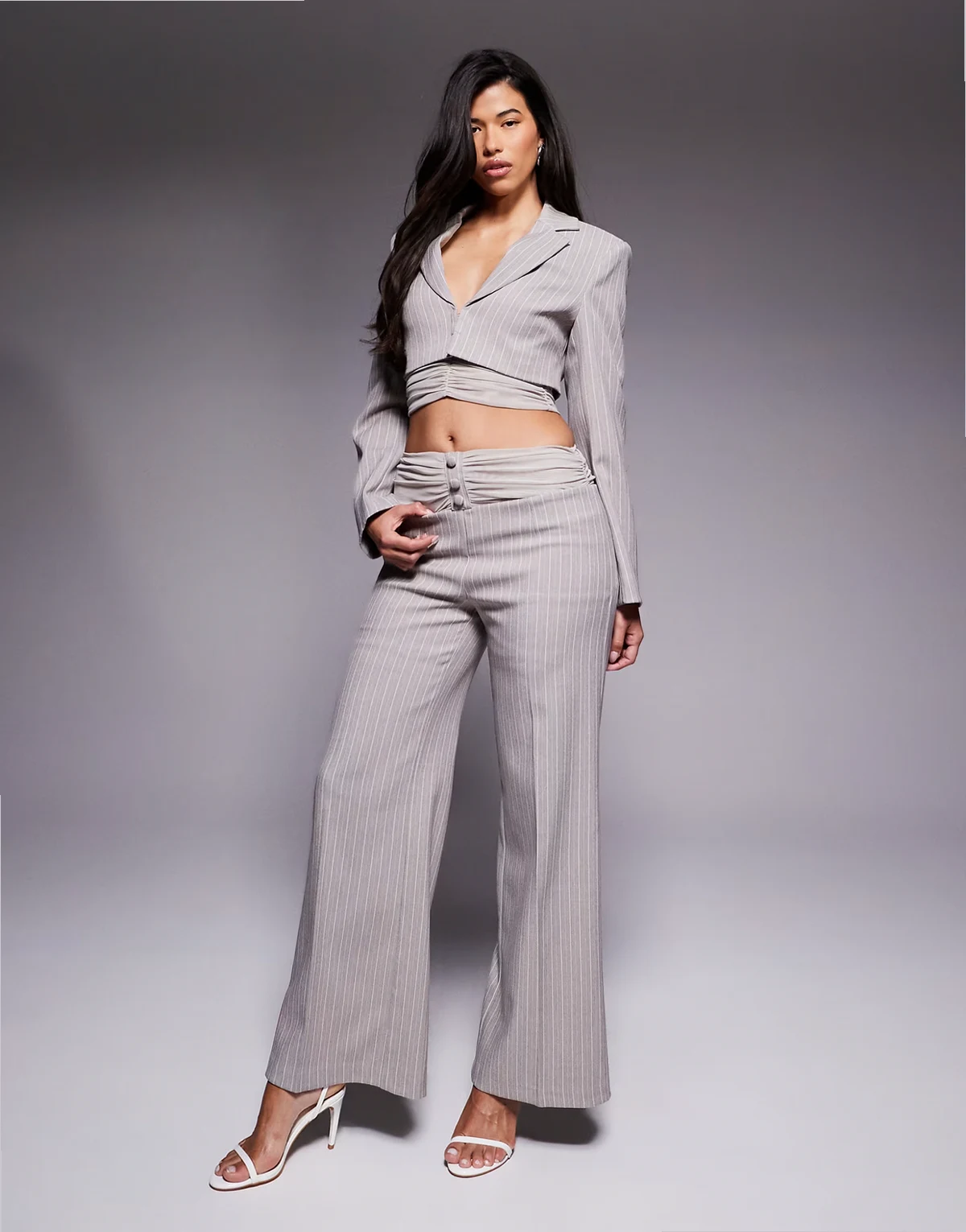 mesh waistband pinstripe pants in gray pinstripe - part of a set