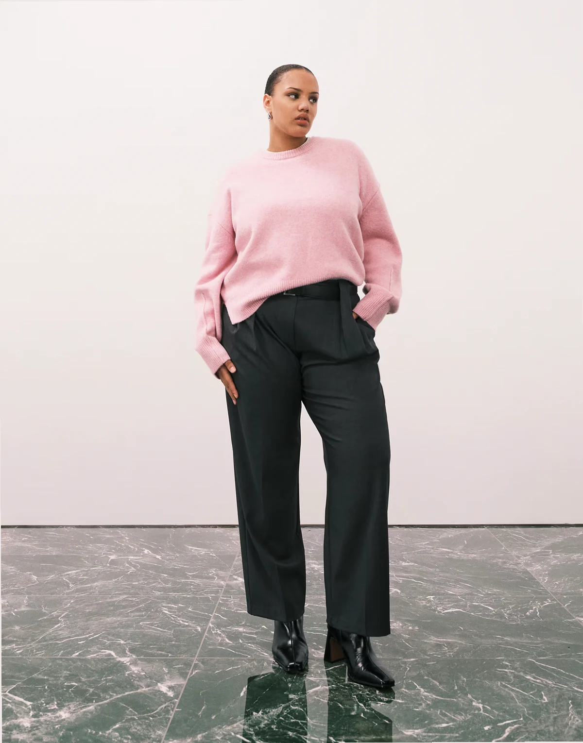 ASOS DESIGN Curve – Szare melanżowe dopasowane spodnie z prostymi nogawkami, paskiem i podwyższonym stanem