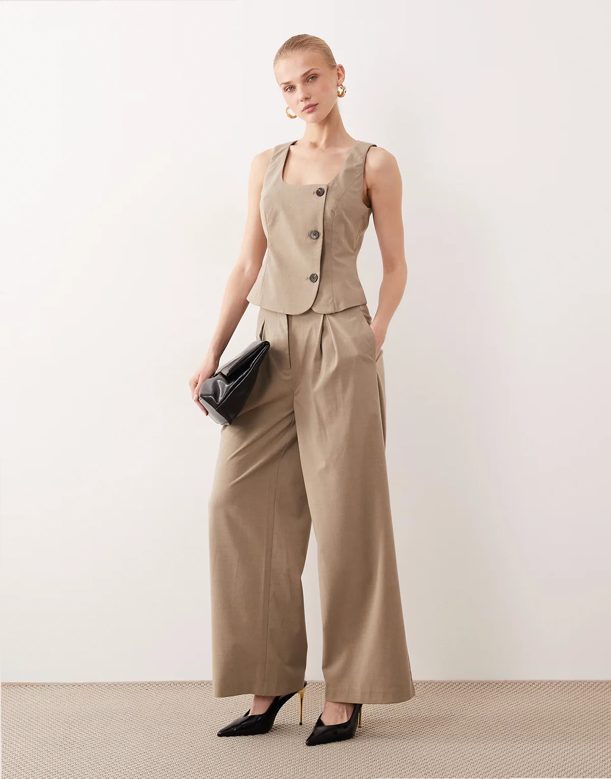 high waist wide leg deep pleat pants in beige melange - part of a set
