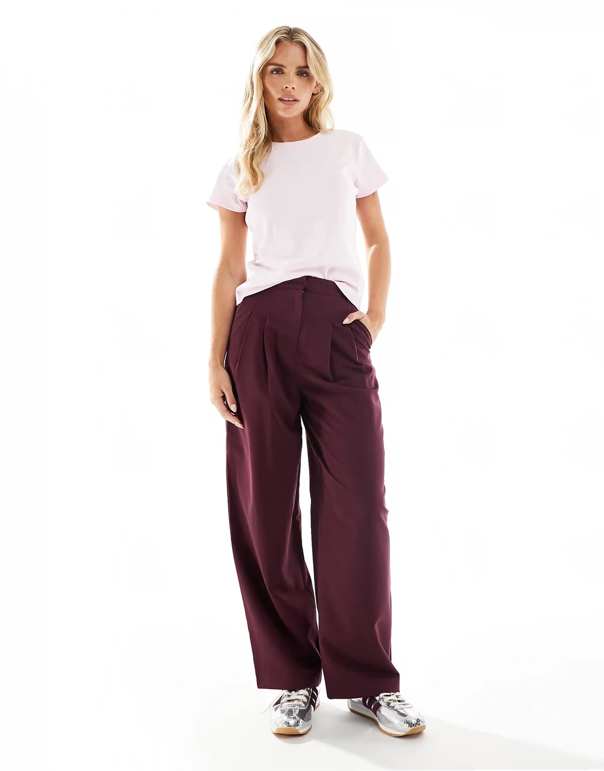 tailored wide leg pants in dark plum