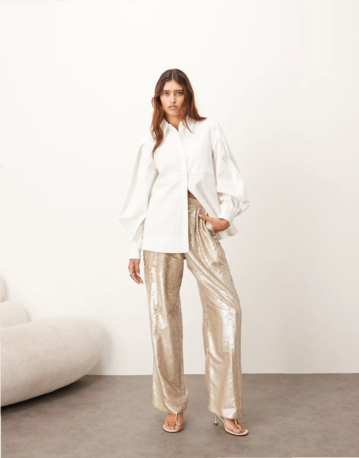 embellished sequin tailored straight leg pants in cream